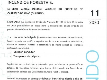 BANDO 15: CONTRATACIN DE 5 TRABALLADORES PARA A PREVENCIN E DEFENSA DE INCENDIOS FORESTAIS